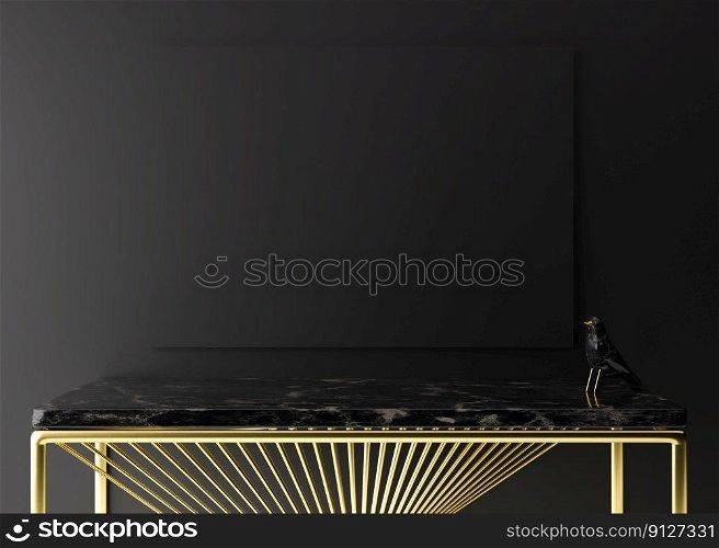 Black empty picture mockup on black wall in modern living room. Mock up interior in minimalist style. Free space for your picture. Marble and golden console. 3D rendering. Black empty picture mockup on black wall in modern living room. Mock up interior in minimalist style. Free space for your picture. Marble and golden console. 3D rendering.
