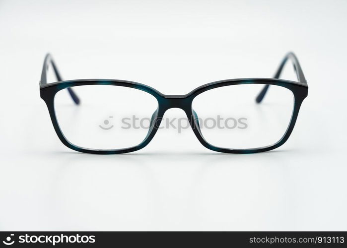 Black eye glasses spectacles with shiny black frame For reading daily life To a person with visual impairment. White background as background health concept with copy space.