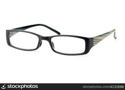 Black eyeglasses on white background.