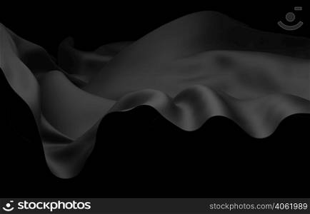 Black fabric flying in the wind isolated on black background 3D render