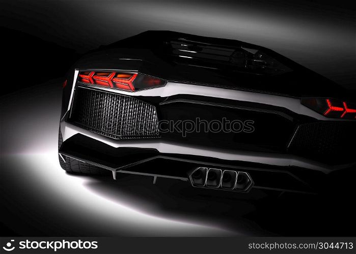 Black fast sports car in spotlight, black background. Shiny, new, luxurious. 3D rendering. Black fast sports car in spotlight, black background. Shiny, new, luxurious.