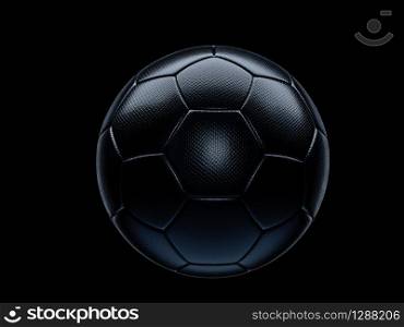 Black football or soccer ball on a matching black background with highlight on the textured surface and copy space