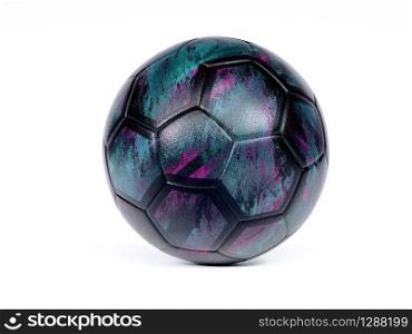Black football or soccer ball with abstract purple and blue design and textured surface isolated on white with small drop shadow and copy space