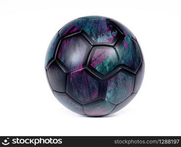 Black football or soccer ball with dark design blue and purple abstract print, isolated on white background with shadow