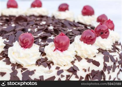 Black Forest cake in detail with white background. Black Forest cake in detail with white background.