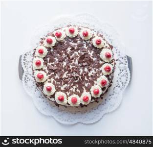 Black Forest cake on a white background. Black Forest cake on a white background.