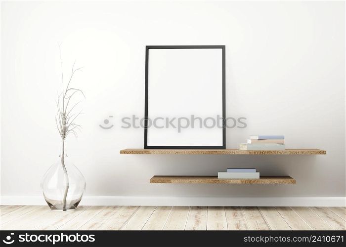Black frame standing on rustic wooden shelf, pastel colored books, dried plant into a glass jug on floor, in bright interior living-room.3d illustration