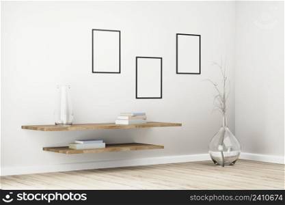 Black frames on white wall in bright interior with plants on floor in glass pot and books on wooden shelves.3d render