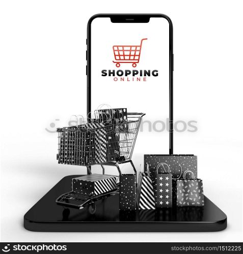 Black Friday 3D Rendering. Business Concept Marketing and Digital online marketing with shopping bags, shopping cart and mobile phones on black standing in a white background. Blank copy space