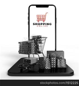 Black Friday 3D Rendering. Business Concept Marketing and Digital online marketing with shopping bags, shopping cart and mobile phones on black standing in a white background. Blank copy space