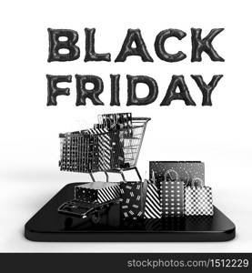 Black Friday 3D Rendering. Business Concept Marketing and Digital online marketing with black letters, balloon, shopping bags, shopping cart on a white background. Blank copy space