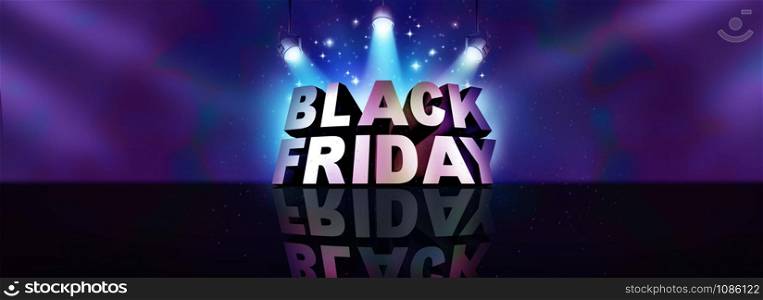 Black friday background sale banner sign as a text on a stage with spot lights for seasonal promotions and advertising to celebrate a November holiday season shopping offering discounted prices as a 3D illustration.