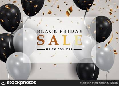 Black Friday Balloon Banner. Black Friday background. Black Balloons, Confetti and Typography. Vector illustration