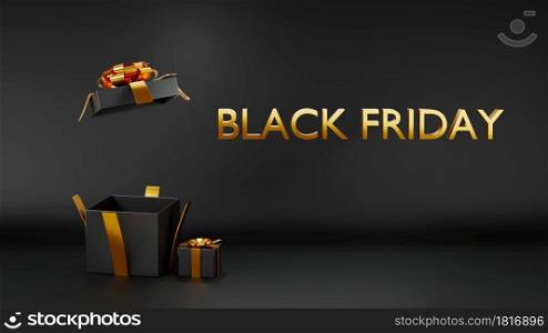 Black Friday Holiday Concept. Black gifts boxes and open empty space gift box present for you put festive object with golden ribbon bow on black background, 3D rendering illustration