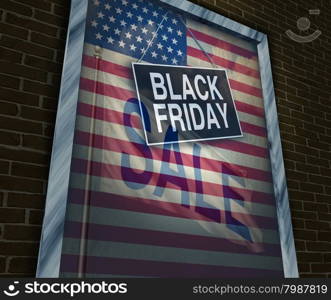 Black Friday holiday sale banner sign on a store window with an American flag reflection to celebrate the season to shop for low prices and discounts at retail stores offering special buying opportunities.