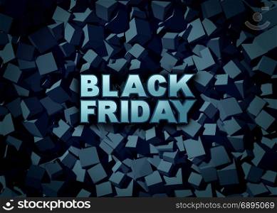 Black friday promotion sign as a sale banner as text on a dark background to celebrate holiday season shopping for low prices at retail stores offering discounted buying opportunities as a 3D illustration.