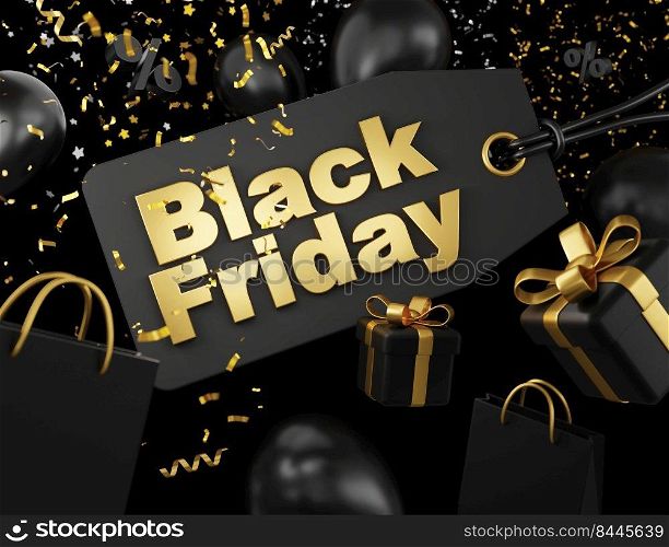 Black friday sale banner concept design of tag label gift box shopping bag and balloon 3D render
