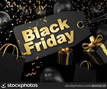 Black friday sale banner concept design of tag label gift box shopping bag and balloon 3D render