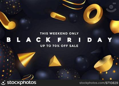 Black Friday Sale banner design. Black rubber balloon sign and geometric flowing 3d golden and black shapes with glitters. Advertising poster template design. Discount banner. Vector Illustration