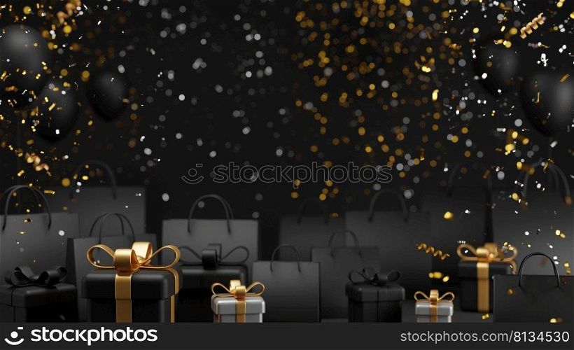 Black friday sale banner design of gift box and shopping bag with confetti falling 3d render