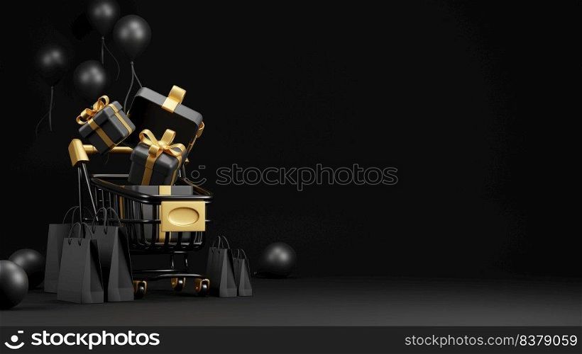 Black friday sale banner design of shopping cart and gift box with paper bag on black background 3D render