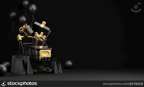 Black friday sale banner design of shopping cart and gift box with paper bag on black background 3D render
