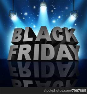 Black friday sale banner sign as three dimensional text on a stage with spot lights and sparkles as a party to celebrate holiday season shopping for low prices at retail stores offering discounted buying opportunities.