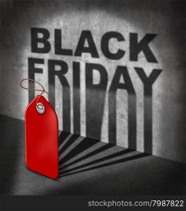 Black friday sale concept as a red price tag casting a shadow on a wall with text as a symbol to celebrate the start of holiday season shopping for low prices at retail stores offering discounted buying opportunities.