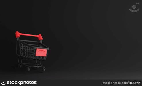 Black friday sale concept design of shopping cart on black background 3D render