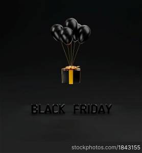 Black Friday Sale concept, Gift box close cover and flying balloons with golden ribbon bow premium design creative present template on black background, 3D rendering illustration for advertising
