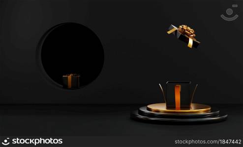 Black Friday Sale, Cylindrical podium display and gift boxes with gold ribbon bow, creative present template studio for product presentation on black background, 3D rendering illustration advertising