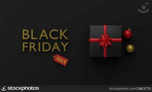 Black Friday sale golden sign with price tag gift box and ornament glass ball 3D rendering illustration