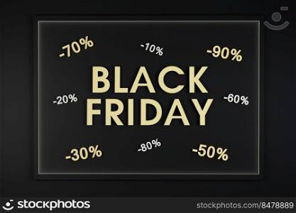 Black friday sale promotional banner on black background and gold sign. Black friday sale concept. Sales and discounts concept.