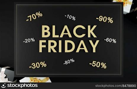 Black friday sale promotional banner on black background and gold sign with present boxes. Black friday sale concept. Sales and discounts concept.