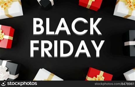 Black friday sale sign on black background with present boxes. Black friday sale concept, banner, poster, illustration, email and newsletter design, marketing material.