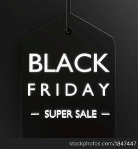 Black Friday Sale tag and the rope hanging, Black Friday design creative present template with copy space on black background, 3D rendering illustration for advertising