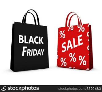 Black Friday shopping bags sale concept with sign and percent symbol isolated on white background.