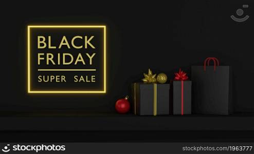 Black Friday super sale realistic black gift box and shopping bag on shelf dark background golden text lettering in bright illuminate glowing neon frame 3D rendering illustration
