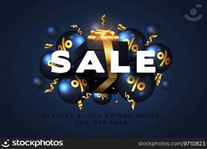 Black Friday Super Sale. Realistic black gifts boxes and full of decorative festive object. New Year and Christmas design. Xmas background. Vector 3d illustration