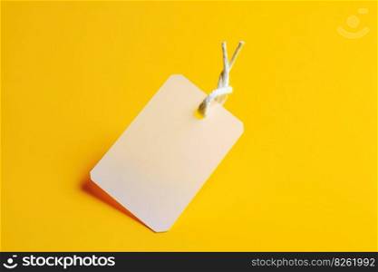 Black Friday. White price tag sticker on a string on a yellow background. Header banner mockup with copy space. AI generated.. Black Friday. White price tag sticker on a string on a yellow background. AI generated.
