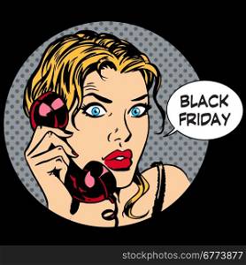 Black Friday woman phone communication pop art retro style. Black Friday woman phone communication