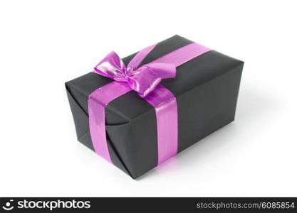black gift box with pink ribbon on white background