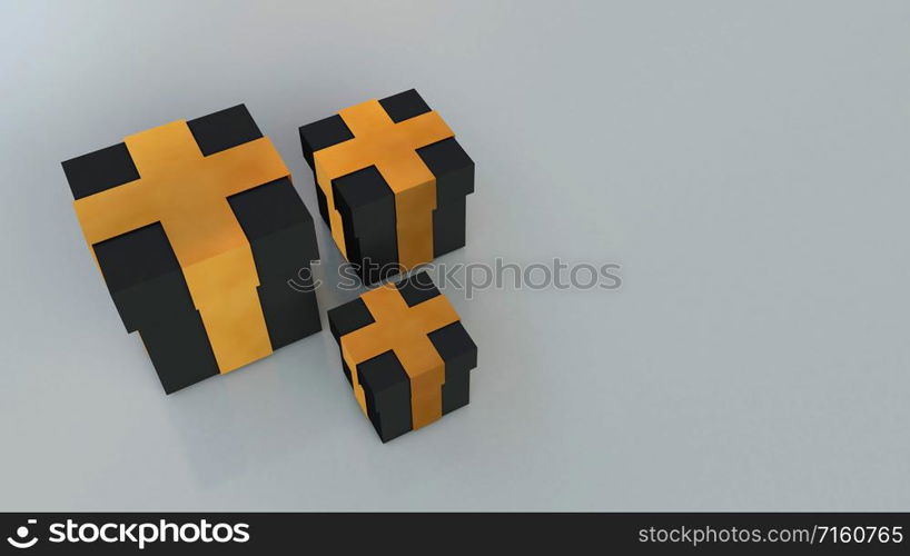 Black gift boxes with gold ribbon bow isolated on grey background. Copy space. 3d render.. Black gift boxes with gold ribbon bow isolated on grey background.