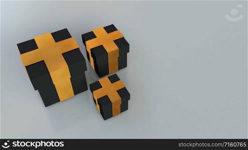 Black gift boxes with gold ribbon bow isolated on grey background. Copy space. 3d render.. Black gift boxes with gold ribbon bow isolated on grey background.