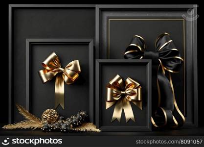 Black gift boxes with gold ribbon on dark shiny background. Neural network AI generated art. Black gift boxes with gold ribbon on dark background. Neural network AI generated