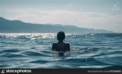 black girl swims in the sea back view generative ai.