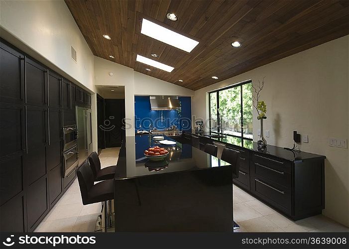 Black gloss kitchen with skylights