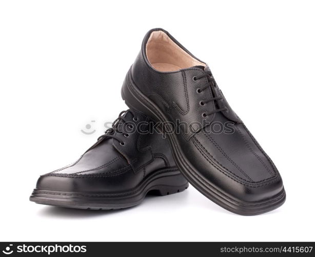 Black glossy man?s shoes with shoelaces isolated on white background