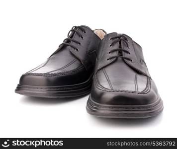 Black glossy man?s shoes with shoelaces isolated on white background