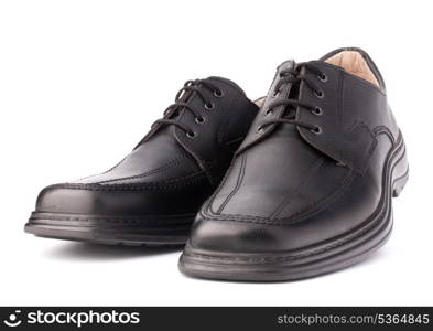 Black glossy man?s shoes with shoelaces isolated on white background